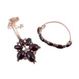 A Victorian diamond and garnet pendant and bangle,   the pendant with graduated cabocohon garnets