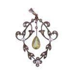 A peridot, diamond and seed pearl pendant  , circa 1900, the pierced foliate gold backed silver