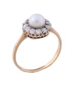 A pearl and diamond ring,   the central 6mm pearl within a surround of old cut diamonds, stamped