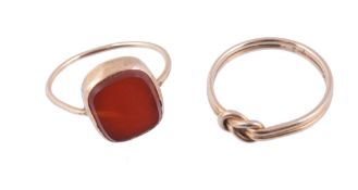A cornelian ring,   the rectangular shaped cornelian panel in a collet setting, finger size K 1/2;