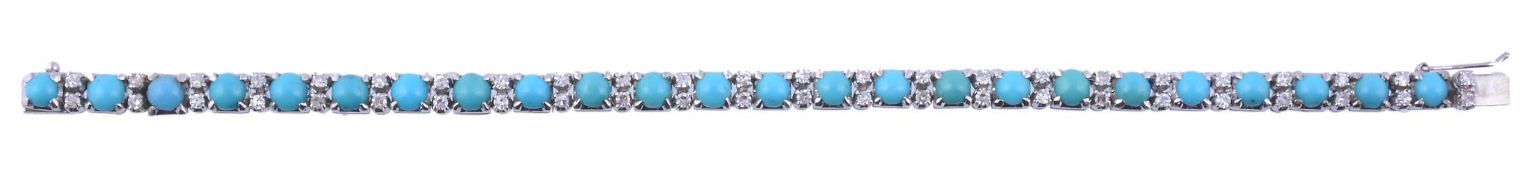 A turquoise and diamond bracelet,   circa 1960  the round cabochon turquoise interspaced with pairs