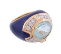 An enamel, diamond and aquamarine dress ring  , the oval shaped aquamarine within a part surround