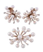 A pair of cultured pearl and white sapphire earrings and a matching brooch,   the earrings with