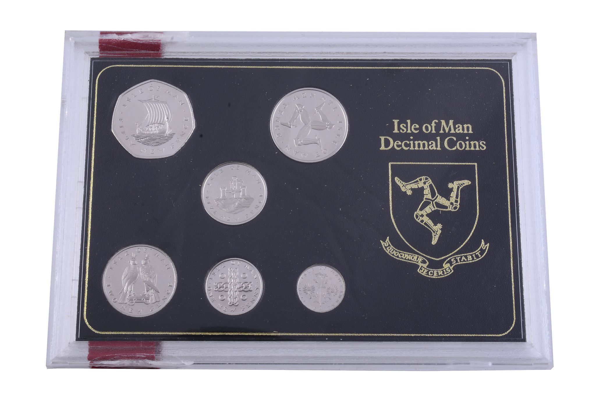 Isle of Man, Elizabeth II, platinum proof set 1975 by Pobjoy Mint,   50 Pence to Half Penny, in