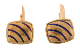 A pair of blue enamel cufflinks  , the tonneau shaped panels each set with four curved bands of