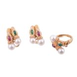 A ruby, emerald and cultured pearl ring,   the twisted ring set with cultured pearls to the