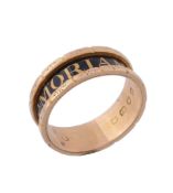 A black enamelled mourning ring  , hallmarked London 1808, with script reading In Memorium 1773,