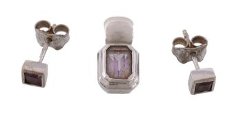 A pair of amethyst ear studs,   set with a square shaped amethyst in a collet setting, with post