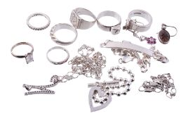 A small collection of silver coloured jewellery,   to include: rings; bracelets; and other items