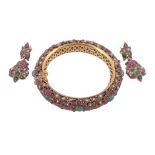 A multi gem bangle and ear pendants  , the Indian style bangle set with oval cabochon emeralds