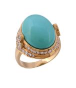 A turquoise and diamond ring,   the central oval cabochon turquoise within a surround of brilliant