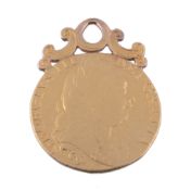 A George III Guinea pendant,   dated 1777, with soldered scrolled pendant setting, 8.7g gross
