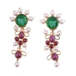 A pair of ruby cultured pearl and green paste ear pendents  , the pediments set with pressed green