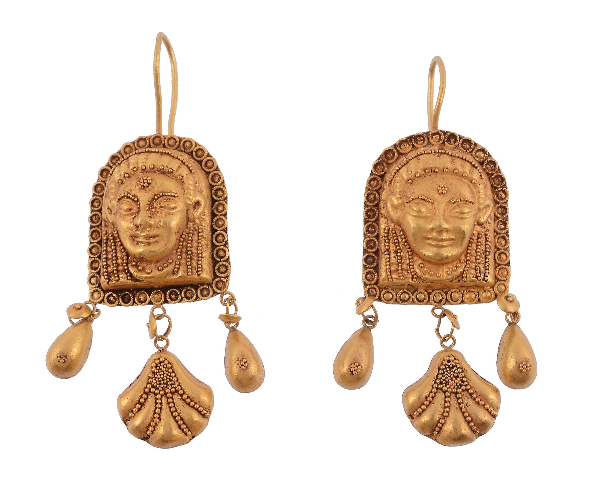 A pair of ancient style ear pendents  , each panel with a relief of a face with granulated