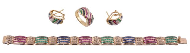 A multi gem set suite of jewellery,   comprising a bracelet with alternating ruby, emerald and