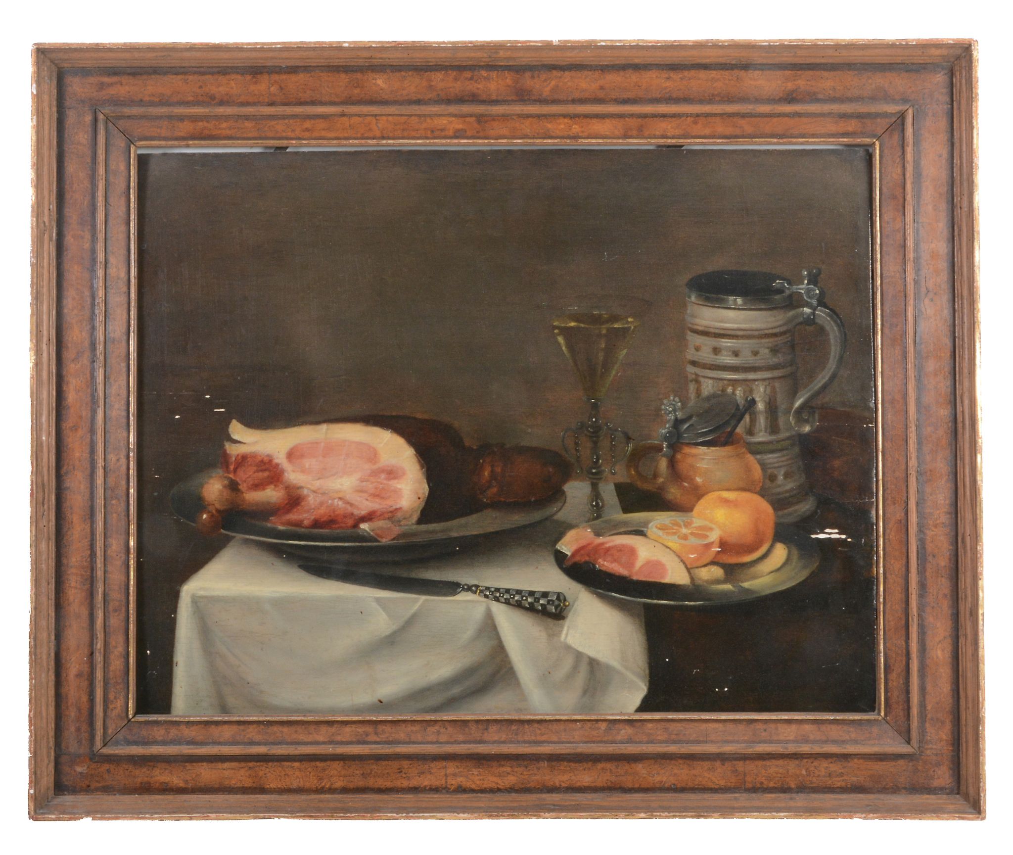 Manner of Willem Claesz Heda (1594-1680) - Still life with a ham with bone on a pewter platter, - Image 2 of 3