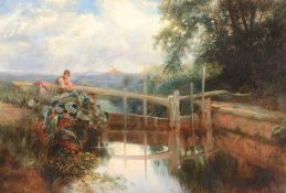 George Cole (1810-1883) - Young angler fishing beside a canal lock  Oil on canvas Signed and dated