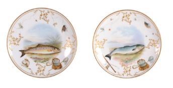 A pair of Copeland China fish plates painted by H.C   A pair of Copeland China fish plates painted