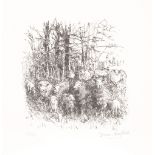 Diana Armfield (b.1920) - Sheep sheltering: Winter at Llwynhir  Lithograph  Signed lower right