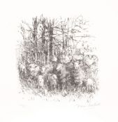 Diana Armfield (b.1920) - Sheep sheltering: Winter at Llwynhir  Lithograph  Signed lower right