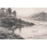 Joseph Farquhson (1846-1935) - Salmon fishing on The Dee  Stipple-engraving Signed in pencil by