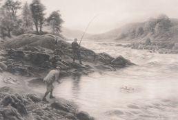 Joseph Farquhson (1846-1935) - Salmon fishing on The Dee  Stipple-engraving Signed in pencil by