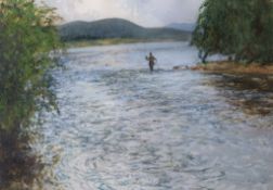 Norman Wilkinson (1878-1971) - Fly fisher fishing the river  Watercolour and bodycolour, over