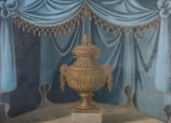 English School (probably 18th century) - Still life with classical urn on a plinth, blue curtains