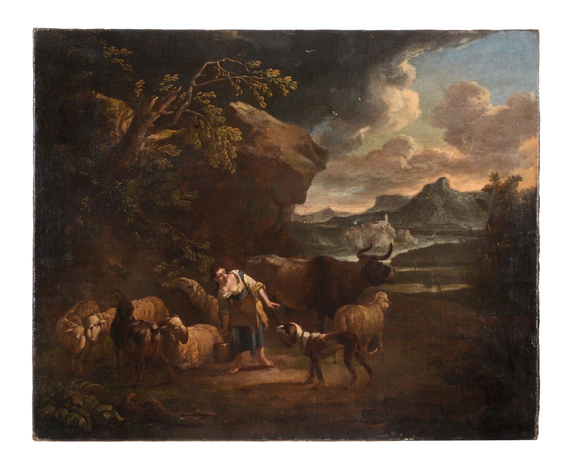 Follower Nicolaes Berchem (1620-1683) - A wooded river landscape with a sheperdess and her flock - Image 2 of 3