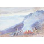 John White, R.I. (1851-1933) - Burning Cooch, Branscombe Cliff  Watercolour and coloured chalks