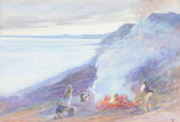 John White, R.I. (1851-1933) - Burning Cooch, Branscombe Cliff  Watercolour and coloured chalks