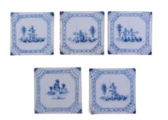 Five English delft blue and white tiles, third quarter 18th century   Five English delft blue and