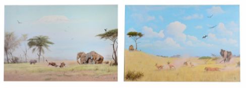 Bill Wilde-Lathem (20th century) - Duel at Kilimanjaro, 1988; The Ambush, 1992  Acrylic on canvas