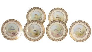 Six Minton bone china fish plates signed and painted by A   Six Minton bone china fish plates signed