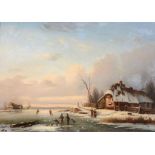 Jean Baptiste Clément Bourne (fl.1844-1866) - Winter landscape with figures skating on the ice