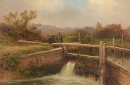 George Cole (1810-1883) - Fisherman by a lock at Fittleworth on the Arun  Oil on canvas Signed in