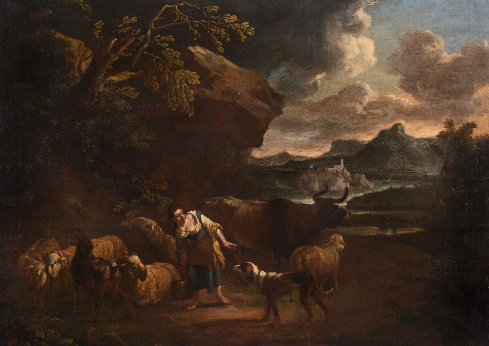 Follower Nicolaes Berchem (1620-1683) - A wooded river landscape with a sheperdess and her flock