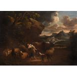 Follower Nicolaes Berchem (1620-1683) - A wooded river landscape with a sheperdess and her flock