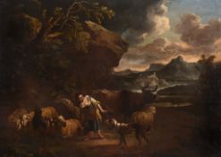 Follower Nicolaes Berchem (1620-1683) - A wooded river landscape with a sheperdess and her flock