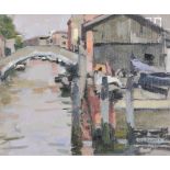 Ken Howard (b.1932) - Gondola yard, Venice  Oil on board Signed lower right 28.5 x 33.5 cm.(11 x