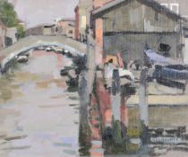 Ken Howard (b.1932) - Gondola yard, Venice  Oil on board Signed lower right 28.5 x 33.5 cm.(11 x