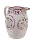 A large English creamware pink-lustre barrel-shaped commemorative jug   A large English creamware