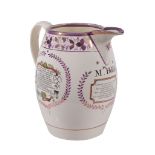 A large English creamware pink-lustre barrel-shaped commemorative jug   A large English creamware