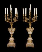 A pair of gilt metal mounted onyx six light candelabra in Louis XV taste,   last quarter 20th