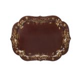 A Victorian lacquered, painted and parcel gilt  papier mache   tray,   circa 1860, of cartouche