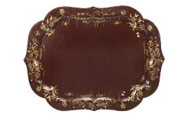 A Victorian lacquered, painted and parcel gilt  papier mache   tray,   circa 1860, of cartouche