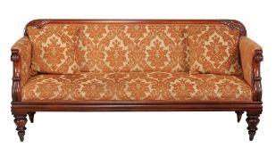 A William IV mahogany and upholstered sofa  , circa 1835, the rectangular back with accanthus