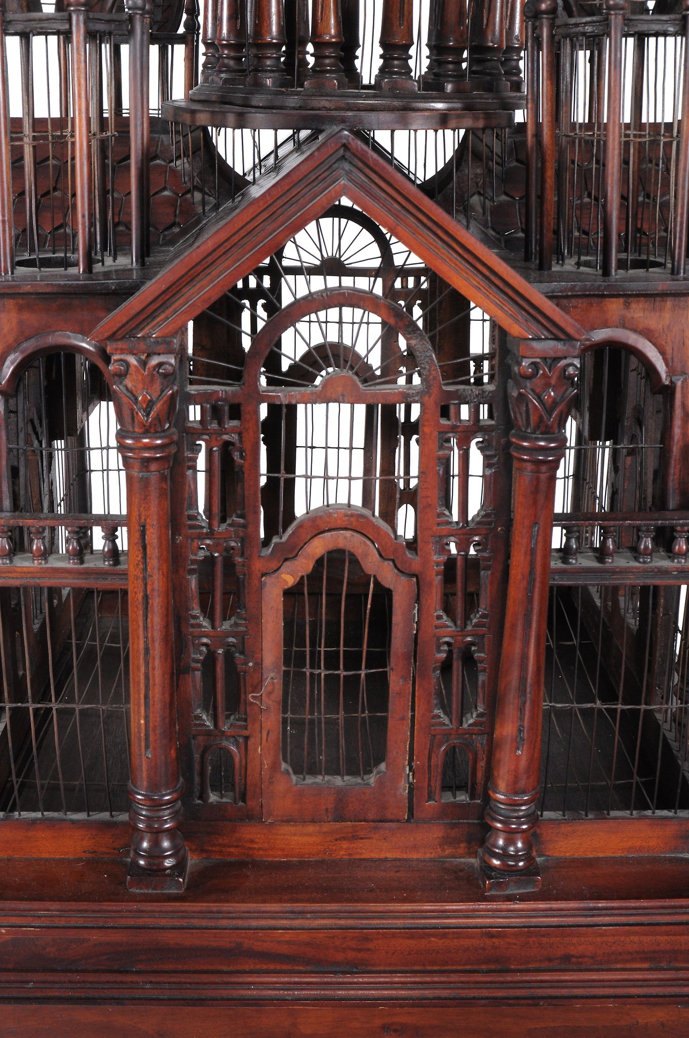 A mahogany birdcage,   20th century, of architectural form, the stand incorporating turned tapered - Image 3 of 3