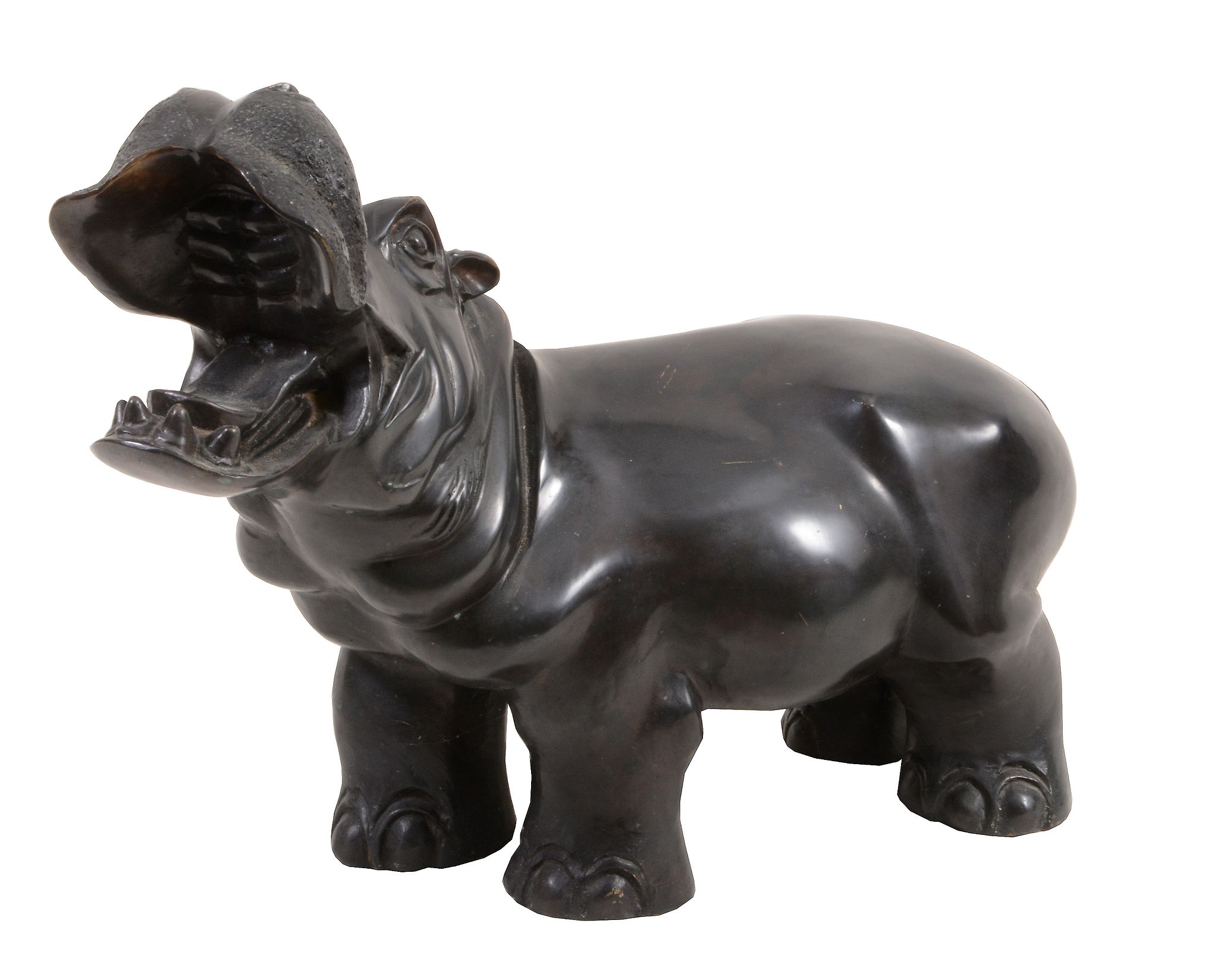 A patinated bronze model of a hippopotamus,   second half 20th century, portrayed with head lifted