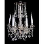 A cut glass hung and silver plated metal six light chandelier in George III style,   early 20th